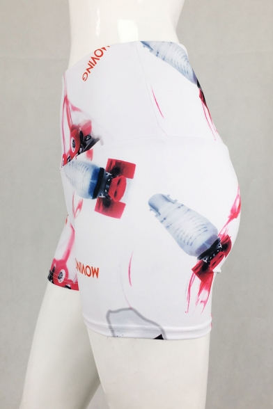 Womens Cool Roller Skates Printed White High Rise Quick Dry Fitness Yoga Shorts