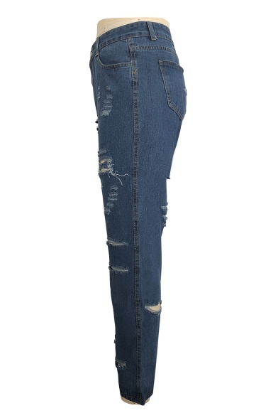 Womens Cool Street Fashion Distressed Ripped Cutout Straight Fit Light Blue Jeans