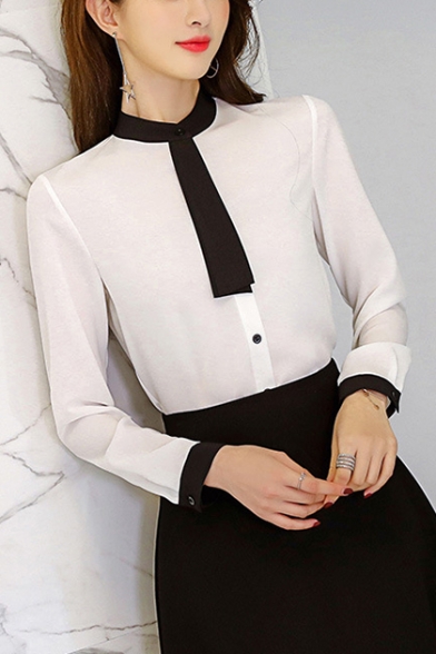 Womens Elegant Tied Collar Long Sleeve Button Down Fitted Shirt Blouse