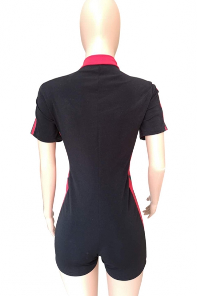Womens Fancy Hot Stylish Black Zip-Front Striped Side Short Sleeve Romper