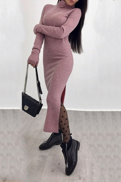 Womens Fancy Turtleneck Long Sleeve Plain Maxi Bodycon Knit Dress