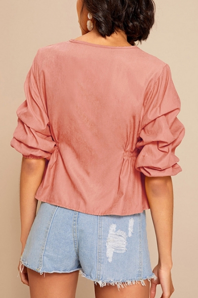 Womens Fancy Vintage Puff Sleeve V-Neck Elastic Waist Button Down Blouse Shirt