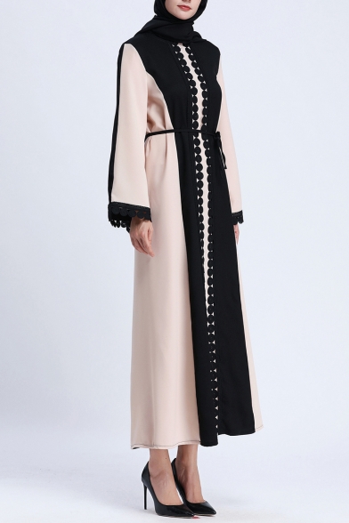 Womens Fashion Long Sleeve Pompom Trim Tie Waist Patch Maxi Shift Muslim Robe Dress
