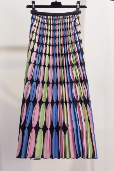 Womens Hot Fashion High Waist Polka Dot Print Colorblock Pleated Midi Summer Skirt