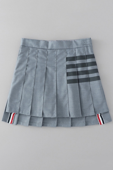 Womens Hot Fashion High Waist Striped Print A-Line Pleated Asymmetric Hem Mini Summer Skirt