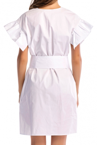 Womens Hot Fashion White V Neck Beading Embellish Ruffle Hem Tie Waist Mini Dress for Birthday Party