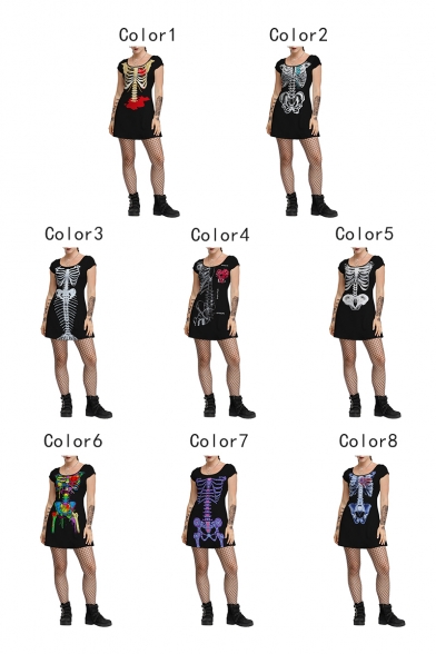 Womens Black Halloween Style Skeleton Print Scoop Neck Short Sleeve T-Shirt Mini Dress
