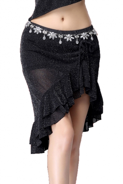 Womens Hot Sexy Fashion Beading Embellished Drawstring Side Ruffle Trim Mini Skirt for Dance