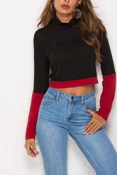 Womens New Fashion High Neck Two-Tone Color Block Long Sleeve Black Crop Tee