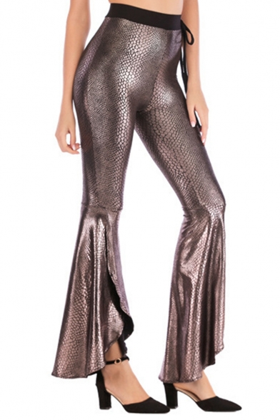 

Womens Sexy Hot Fashion High Waist Tie Side Snakeskin Print Skiny Flared Pants, Black;gold;silver;coffee, LM548496