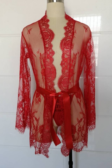 Womens Sexy Lace Trimmed Bow-Tied Waist Transparent Mesh Mini Sleepwear Dress