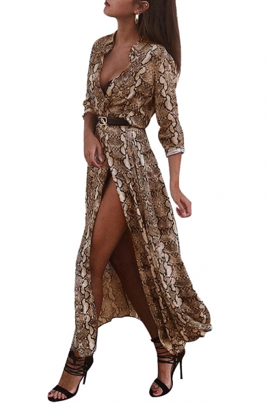 

Womens Sexy Snakeskin Pattern V-Neck Long Sleeve Split Front Maxi Shirt Dress, Gray;yellow, LM543491