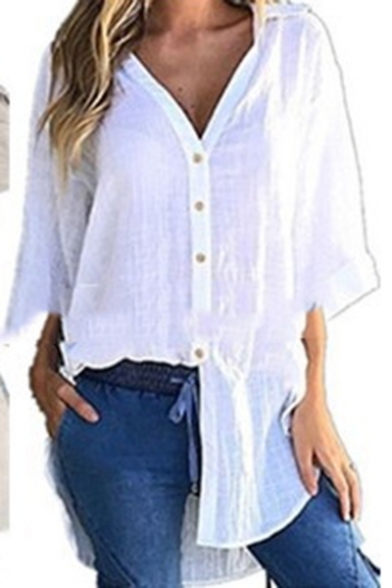 Womens Simple Solid Color Bell Sleeve Tied Side High Low Hem Button Down Casual Shirt