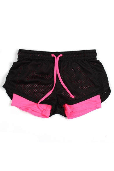 Womens Sport Fake Two-Piece Quick Drying Running Shorts Double Layered Mesh Yoga Shorts