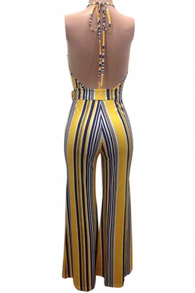 Womens Stylish Halter Plunge V Neck Sleeveless Backless Striped Printed Tie Waist Sexy Jumpsuits