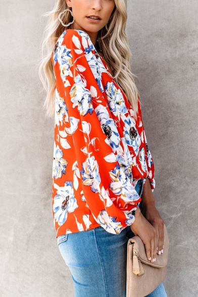Womens Summer Holiday Tropical Floral Printed V-Neck Long Sleeve Loose Casual Blouse