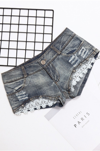 Womens Summer New Trendy Sexy Low-Rise Chic Lace-Trimmed Nightclub Hot Pants Denim Shorts