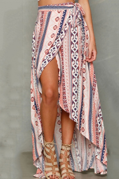 Womens Summer Stylish Geometric Printed Split Front Chiffon Maxi Beach Wrap Skirt