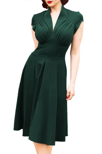 Womens Summer Vintage Solid Color V-Neck Cap Sleeve Ruched Detail Midi A-Line Dress