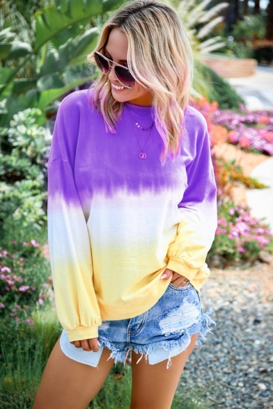 Womens Trendy Ombre Color Round Neck Long Sleeve Loose Pullover Sweatshirt