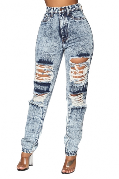 Womens Trendy Snow Washed High Rise Destroyed Ripped Hole Stretch Fit Denim Jeans