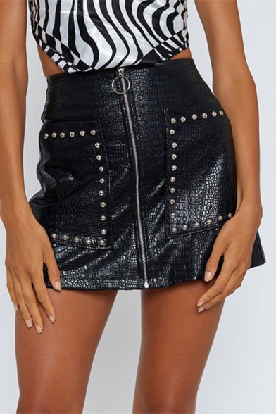 Womens Trendy Zipper-Fly Beading Embellished Pocket Black Mini PU Skirt