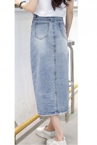 Wonens Fashion Plain Ripped Split Front Button Down Maxi Denim Skirt With Pocket