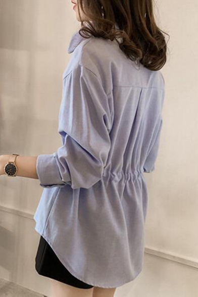 Basic Simple Plain Long Sleeve Drawstring Waist Button Down Shirt for Women