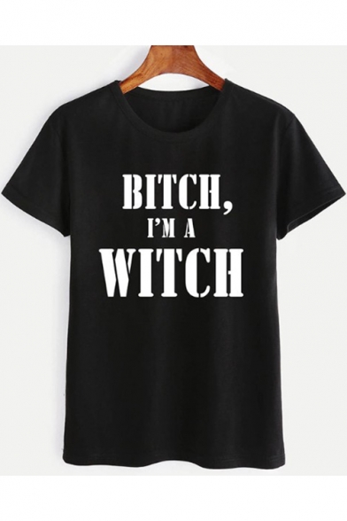 BlTCH I'M A WITCH Cool Letter Pattern Round Neck Short Sleeve Black Tee