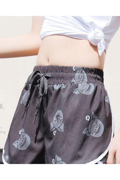 Cartoon Funny Pig Printed Drawcord Waist Quick Dry Breathable Running Athletic Shorts
