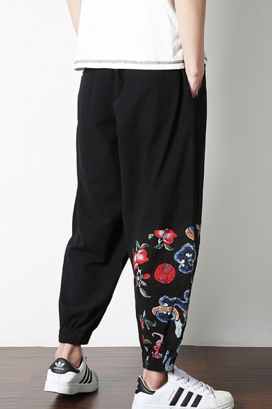 Chinese Style New Fashion Floral Embroidery Drawstring Waist Casual Loose Linen Carrot Pants