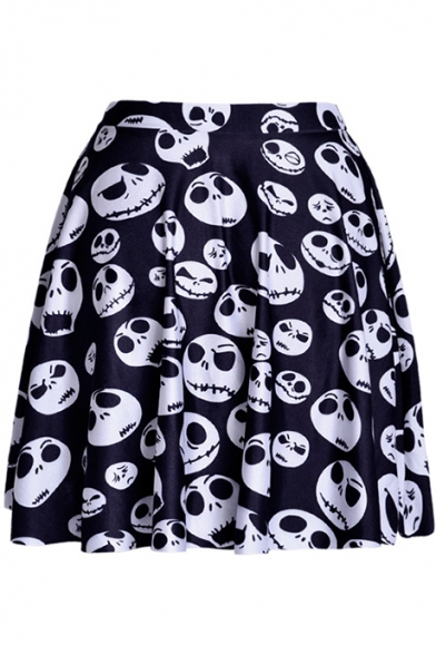 Cool Allover Skull Printed Black and White Mini A-Line Skater Skirt