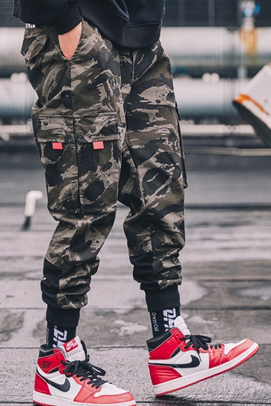 Cool Fashion Camouflage Letter Printed Flag Patched Flap Pocket Army Green Cotton Cargo Pants