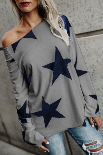 Cool Street Style Allover Star Printed One Shoulder Long Sleeve Casual Loose Cotton Tee