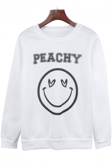 Cute Cartoon Smile Face Letter PEACHY Print Crewneck Long Sleeve Pullover Sweatshirt