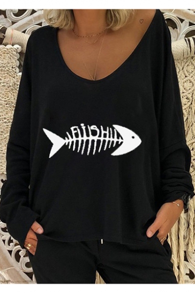 Fashion Simple Fish Bone Printed V-Neck Long Sleeve Loose Fit T-Shirt