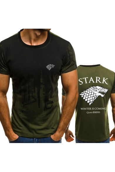 Fashion Stark Wolf Head Print Round Neck Short Sleeve Fitted T-Shirt