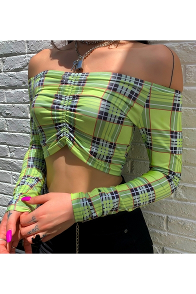 Fashion Striped Print Off Shoulder Long Sleeve Twist-Front Crop Top Tee