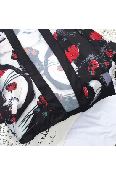 Fashion Trendy Black Floral Figure Print Casual Loose Kimono Blouse