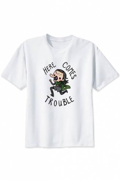 Funny Cartoon Figure Letter HERE COMES TROUBLE Print White Short Sleeve Tee