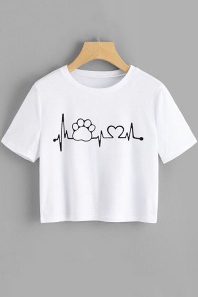 Funny Cat Claw Heart Print Basic Short Sleeve Cropped T-Shirt