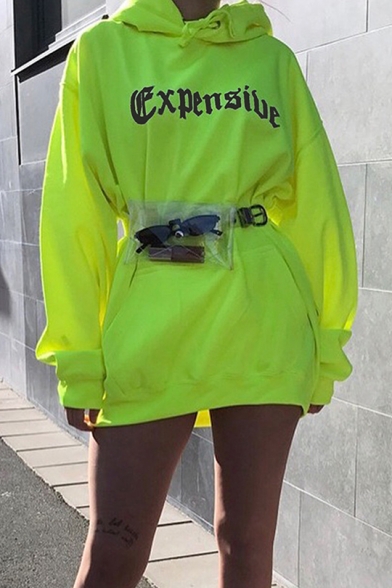 Girls Cool Street Style Letter EXPENSIVE Print Long Sleeve Flourescent Green Long Hoodie