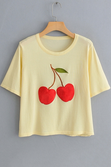 Girls Simple Cherry Embroidery Round Neck Short Sleeve Crop Tee