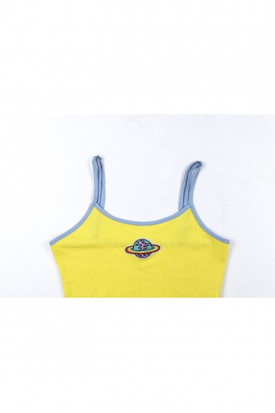 Girls Simple Planet Embroidery Contrast Trim Slim Fit Yellow Crop Cami