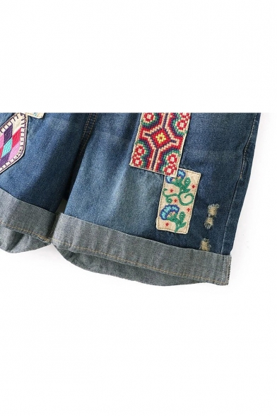Girls Tribal Print Patched Drawstring Waist Rolled Cuff Casual Denim Shorts