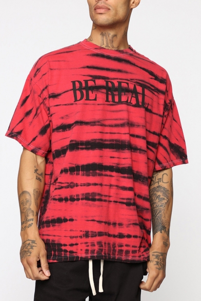Guys Hip Hop Style Simple Letter BE REAL Camo Tie Dye Loose Fit T-Shirt