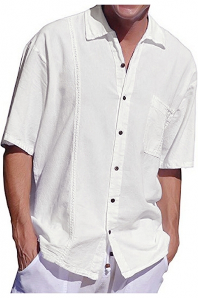 Guys Hot Popular Plain Short Sleeve One Pocket Loose Fit Linen Shirt