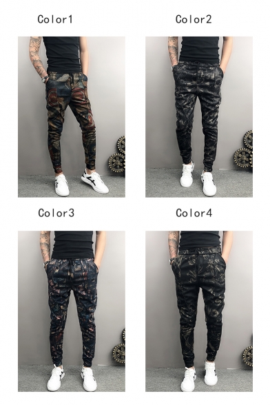 Guys New Fashion Unique Printed Stretched Slim Fit Casual Drawstring Waist Pencil Pants