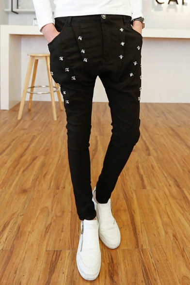 Guys New Stylish Solid Color Ribbon Rivet Embellished Black Slim Fit Casual Pencil Pants