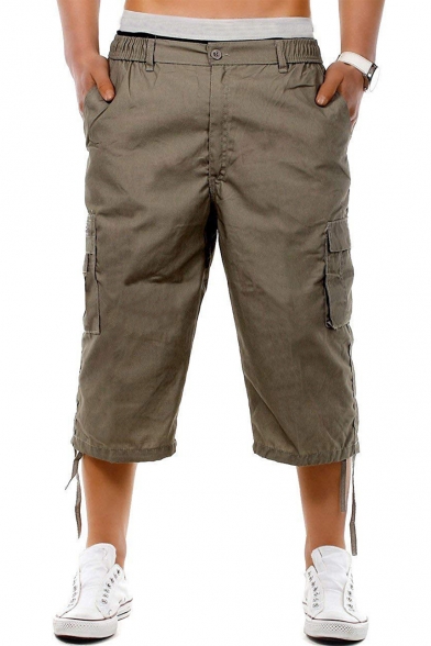 Guys Popular Fashion Simple Plain Flap Pocket Ribbon Embellished Cropped Cotton Cargo Pants
